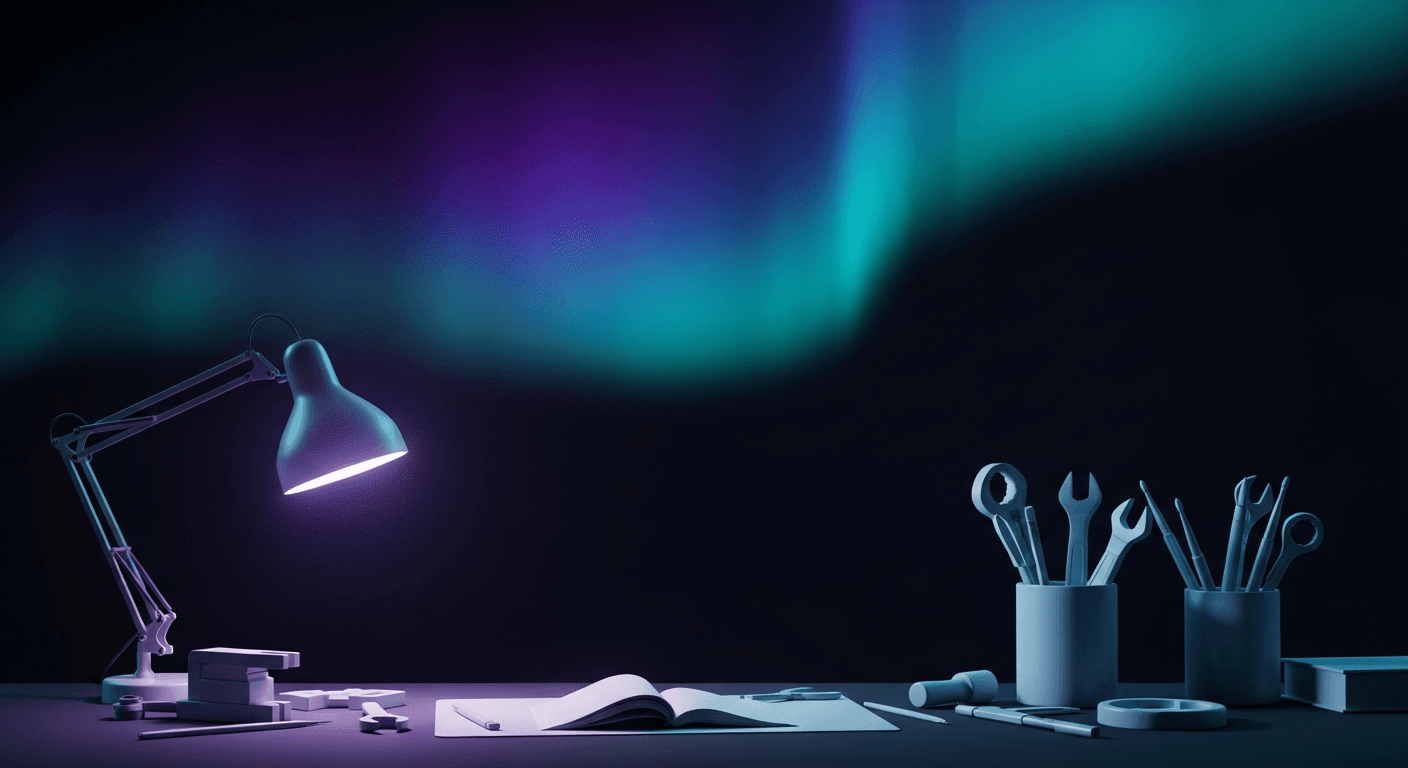 El banco de trabajo del builder hecho de luz, herramientas ordenadas brillando en la oscuridad